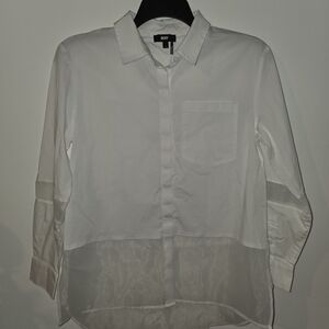 DKNY Womam's White Button Down Shirt With Sheer Accents